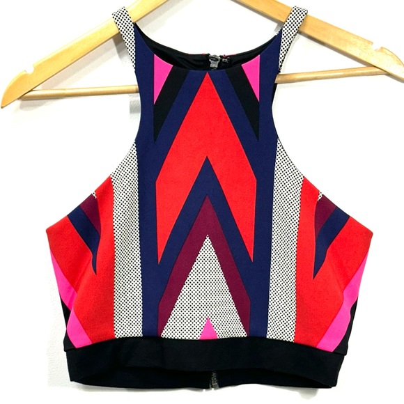 Express Tops - NWT Express Women Multicolor Geometric Neon Crop Top Exposed Back Zipper